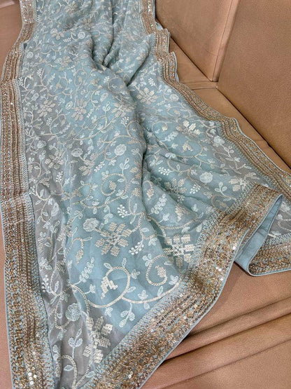 Designer Georgette Chikankari Saree with Sequin  Work