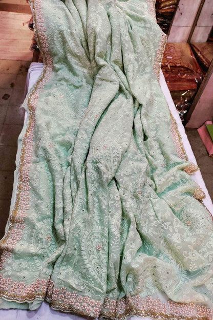 Designer Georgette Chikankari Saree with Sequin  Work
