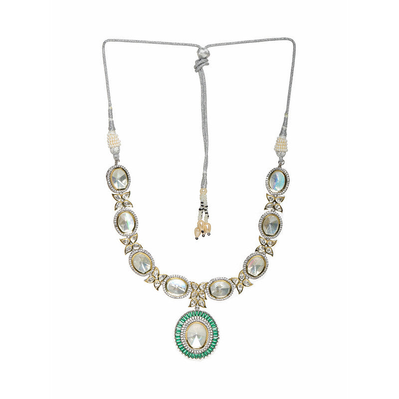 Designer Gold And Silver Tone Necklace With Green Center Piece