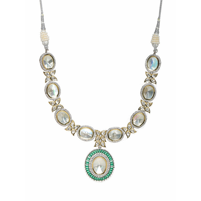 Designer Gold And Silver Tone Necklace With Green Center Piece