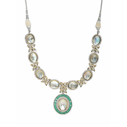 Designer Gold And Silver Tone Necklace With Green Center Piece