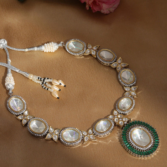 Designer Gold And Silver Tone Necklace With Green Center Piece