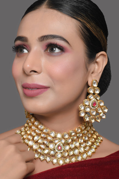 Designer Gold Toned Kundan Necklace with Earrings