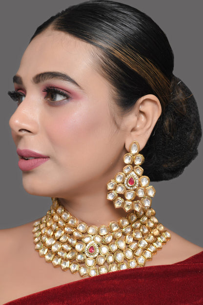 Designer Gold Toned Kundan Necklace with Earrings