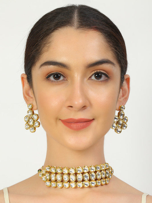 Designer Golden and White Kundan Choker With Earrings