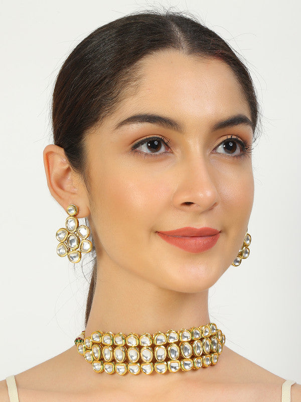 Designer Golden and White Kundan Choker With Earrings