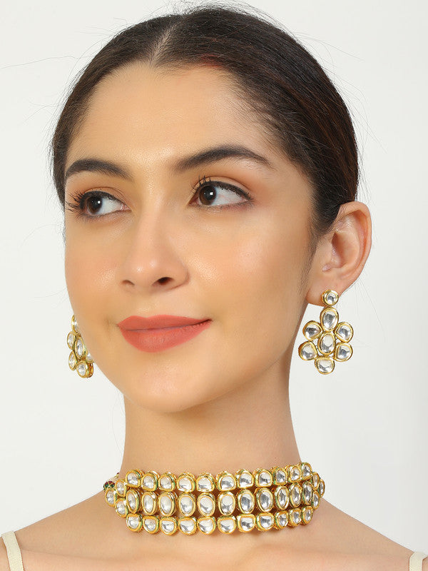 Designer Golden and White Kundan Choker With Earrings