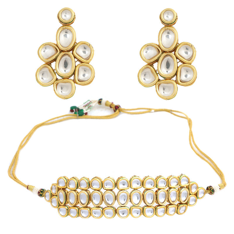 Designer Golden and White Kundan Choker With Earrings
