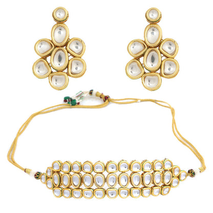 Designer Golden and White Kundan Choker With Earrings