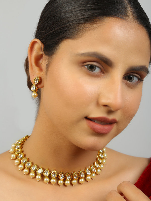 Designer Ivory Beaded Kundan Necklace With Earrings