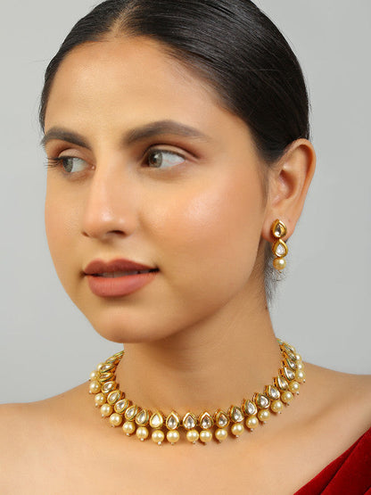 Designer Ivory Beaded Kundan Necklace With Earrings