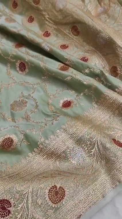 Designer Mashru Satin Silk Meenadaar Jaal Green Saree