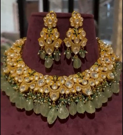 Designer Moisaanite Light Green Necklace with Earrings and Maang Tikka Set