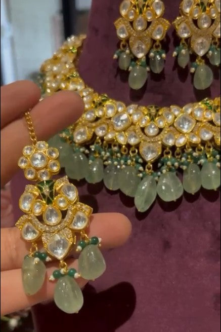 Designer Moisaanite Light Green Necklace with Earrings and Maang Tikka Set