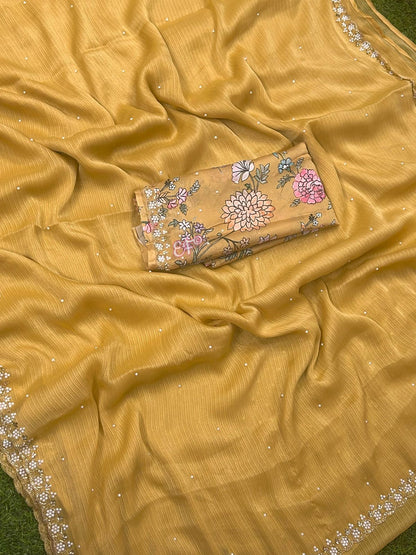 Designer Organza Silk Saree with Cutdana Handwork Border