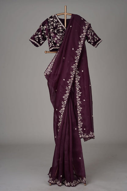 Designer Organza Silk Saree with Cutdana Handwork Border