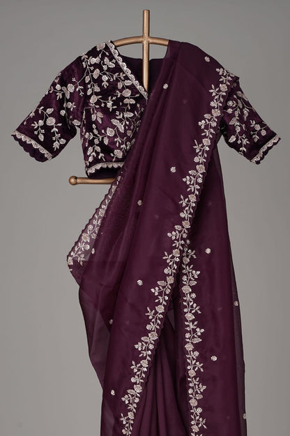 Designer Organza Silk Saree with Cutdana Handwork Border