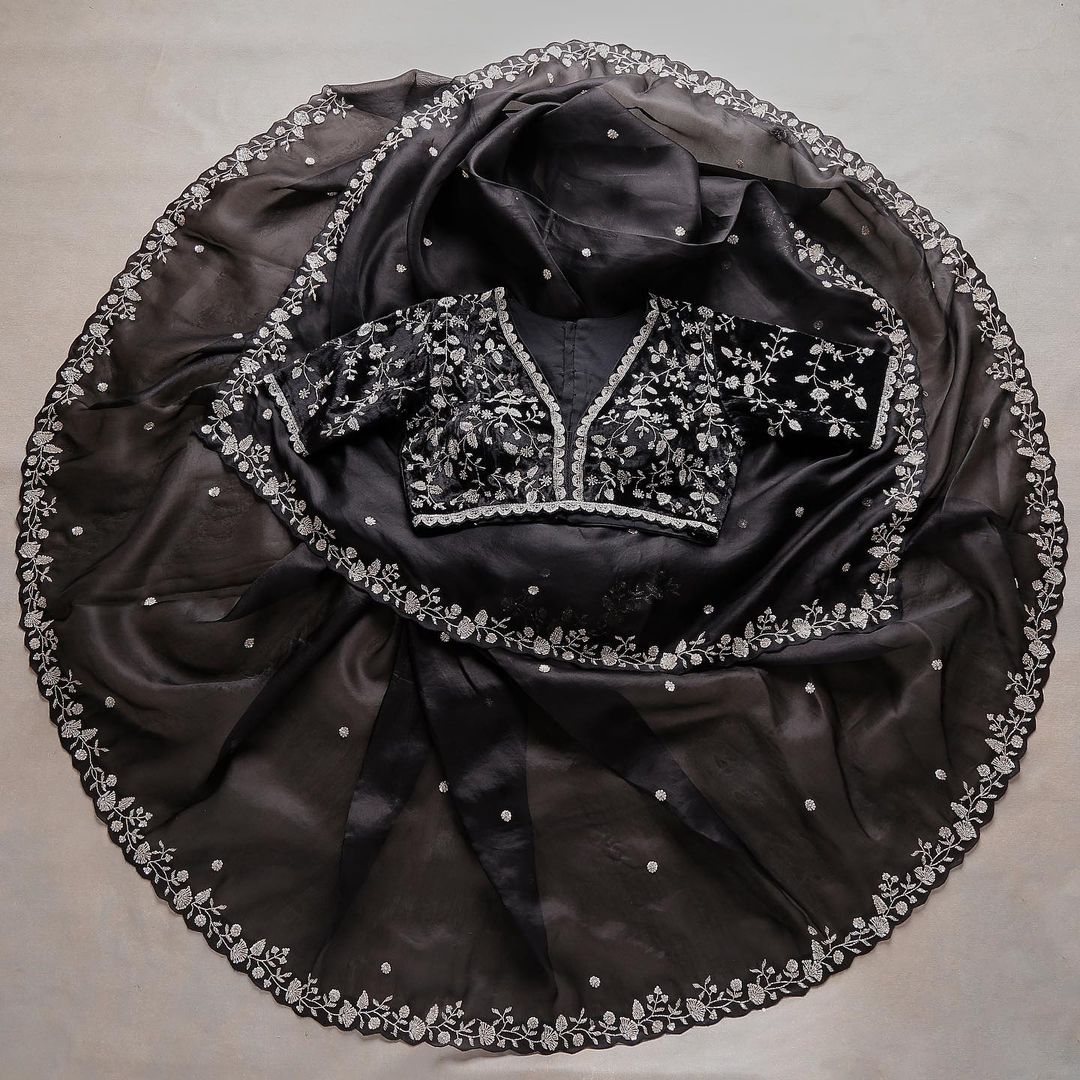 Designer Organza Silk Saree with Cutdana Handwork Border