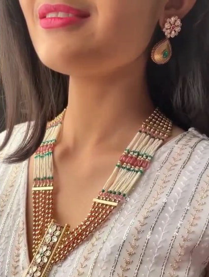 Designer Pastel Layered Antique Necklace Set with Earrings