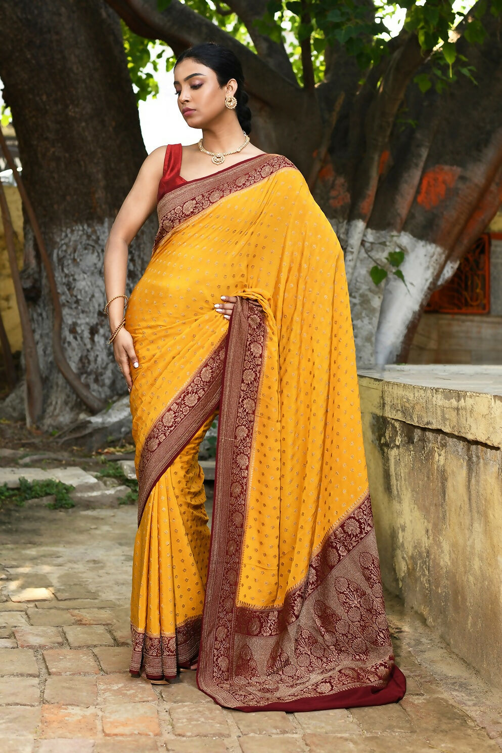 Joban Fashion Yellow Crepe Chiffon Pure Handloom Banarasi Silk Saree
