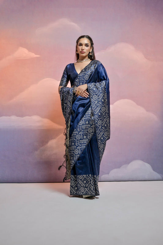 Vishnu Weaves Women's Navy-Blue Handloom Raw Silk Woven Border Saree with Blouse