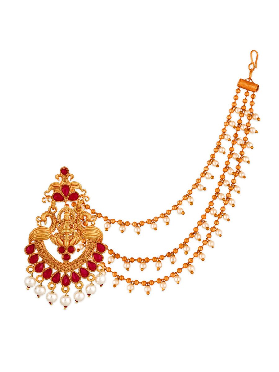Aadita Red Gold-Toned & White Pearls Studded Contemporary Drop Earrings With Hair Chain