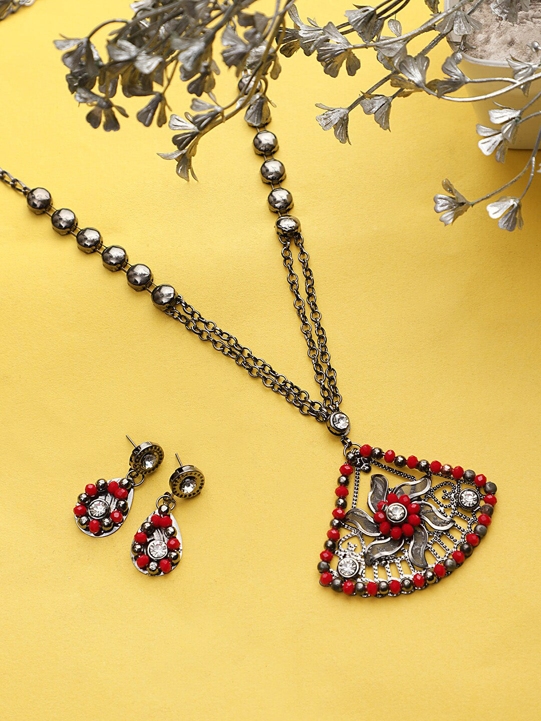 Cardinal Women Oxidised Silver-Plated Red Stone Studded & Beaded Jewellery Set