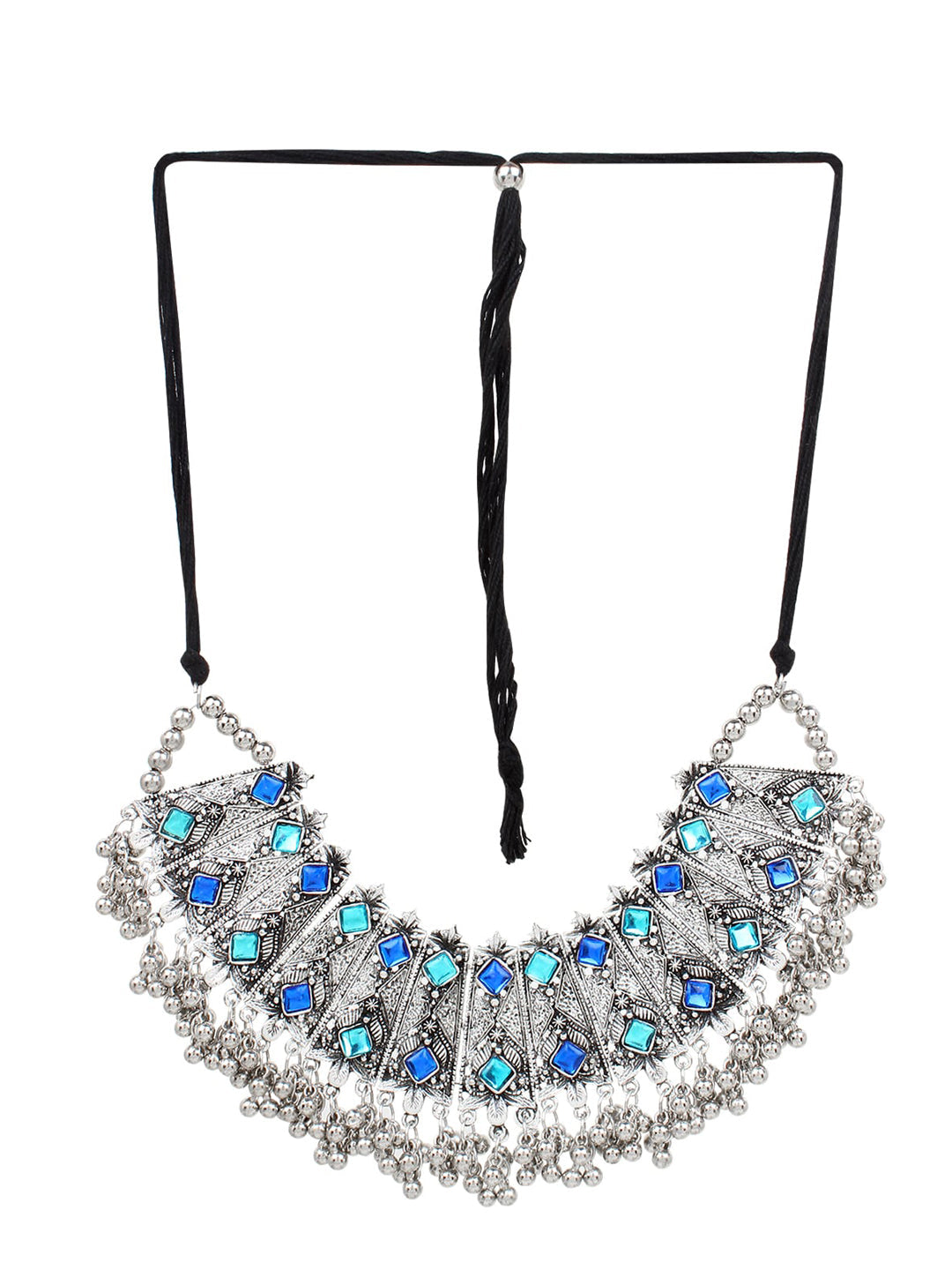 Cardinal Oxidised Silver-Toned & Blue Stones-Studded & Beaded Jewellery Set