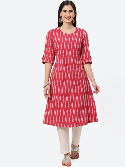 Biba Woven Design Ikat Roll Up Sleeves A-Line Pure Cotton Kurta