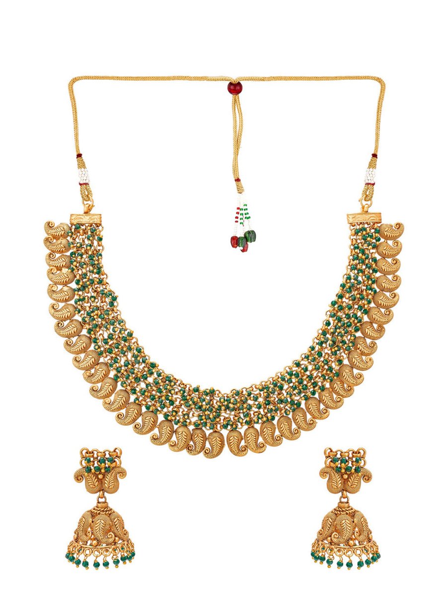 Aadita Gold-Polished Green Pearls Beaded Choker Jewellery Set