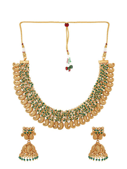 Aadita Gold-Polished Green Pearls Beaded Choker Jewellery Set
