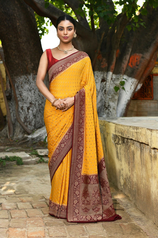 Joban Fashion Yellow Crepe Chiffon Pure Handloom Banarasi Silk Saree