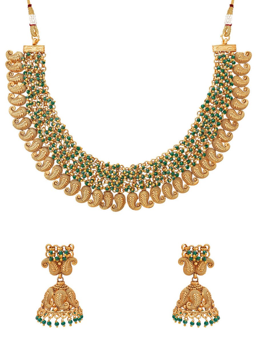 Aadita Gold-Polished Green Pearls Beaded Choker Jewellery Set