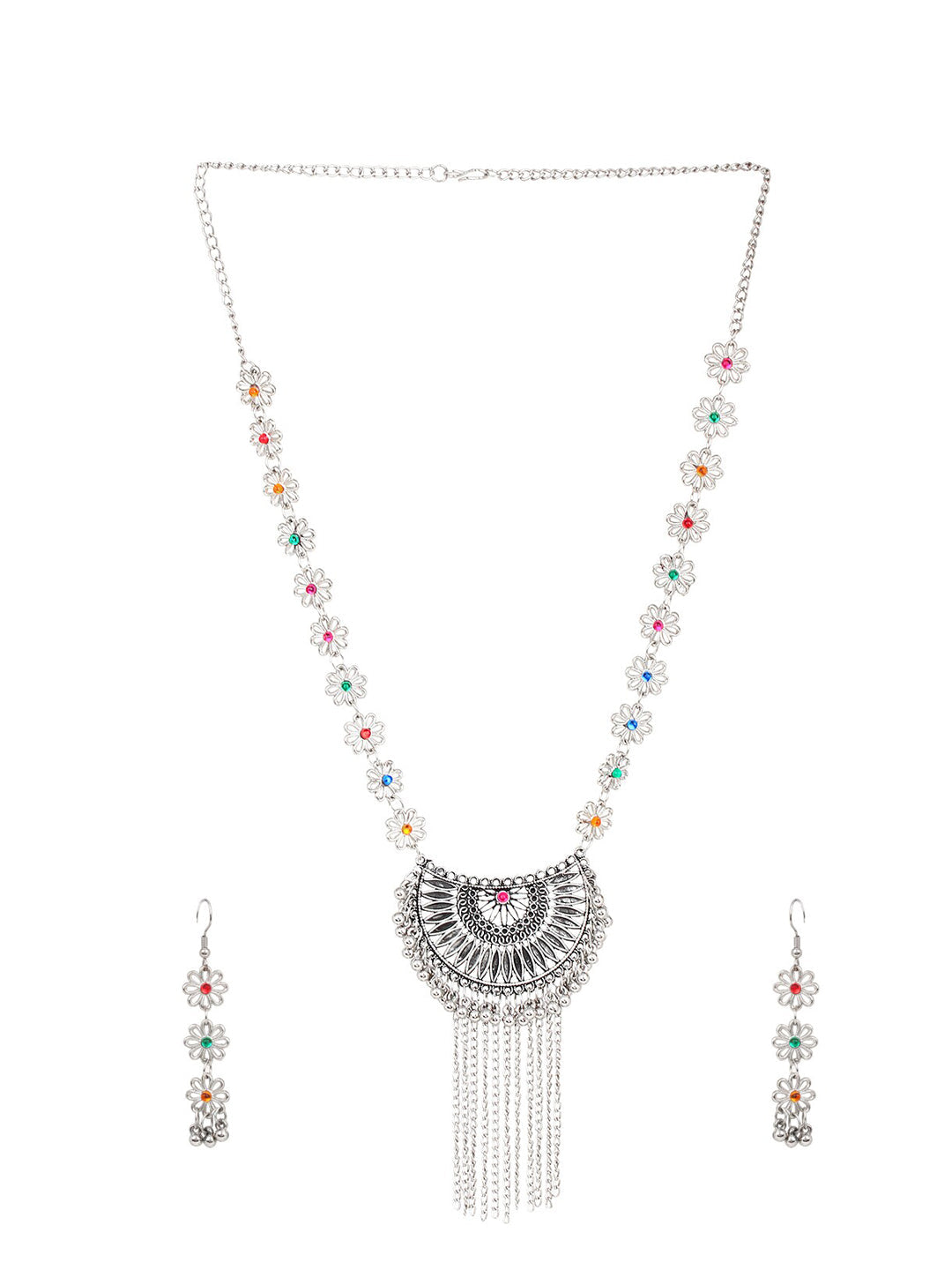 Cardinal Women Silver-Toned Pink & Yellow Stone Studded Jewellery Set
