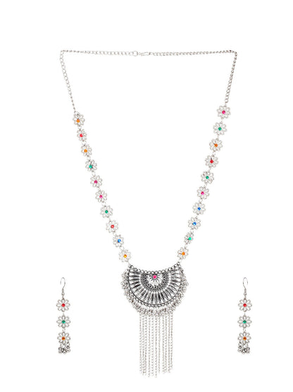 Cardinal Women Silver-Toned Pink & Yellow Stone Studded Jewellery Set