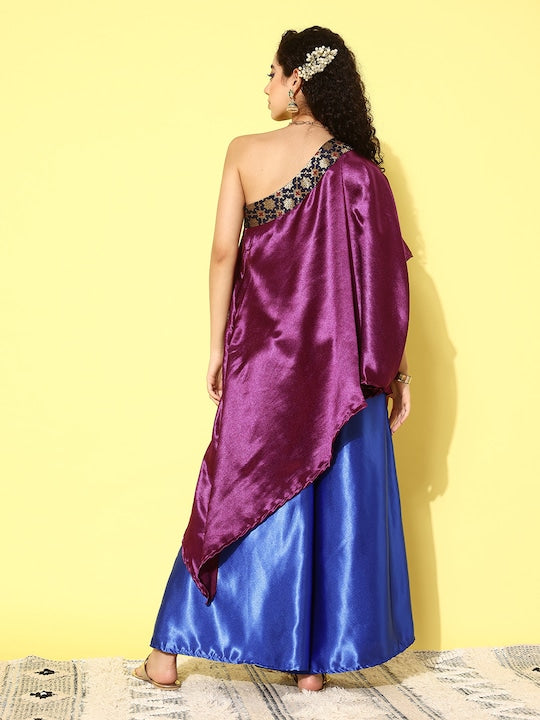 InWeave Women's Wine Navy Brocade Satin Oneshoulder Blue Palazzo Set