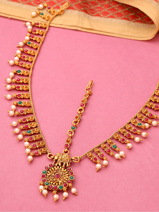 Yellow Chimes Women Gold-Polished,Maroon,Green White Pearl Hanging Bridal Mathapatti