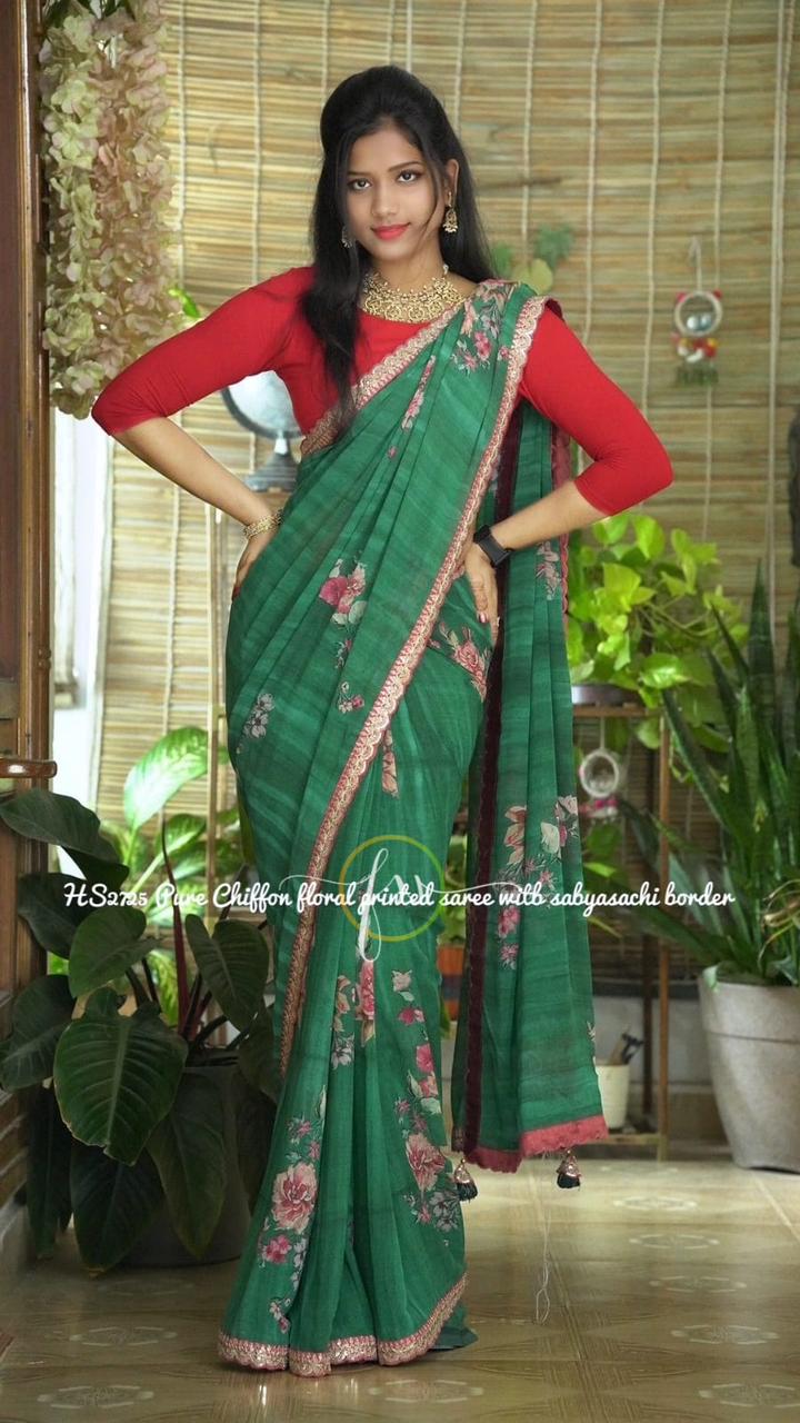Elegant Floral Print Chiffon Saree