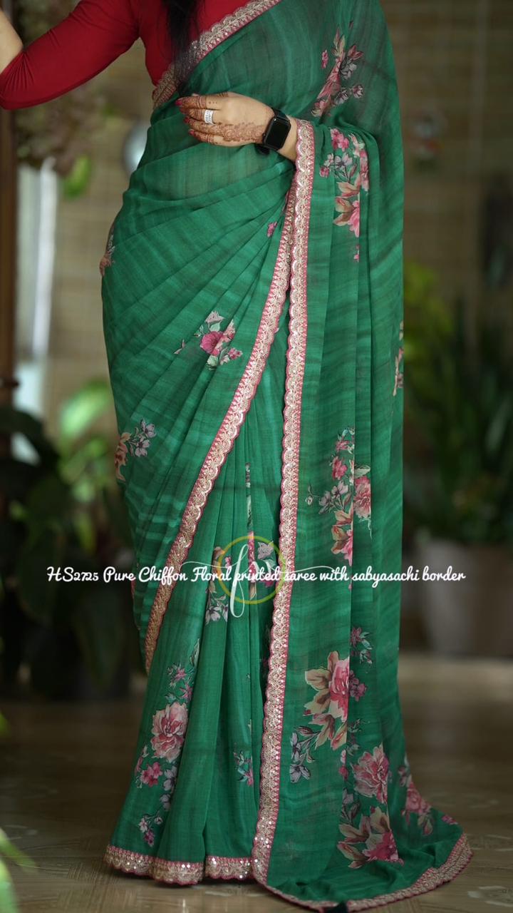 Elegant Floral Print Chiffon Saree