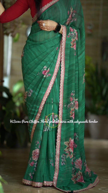 Elegant Floral Print Chiffon Saree