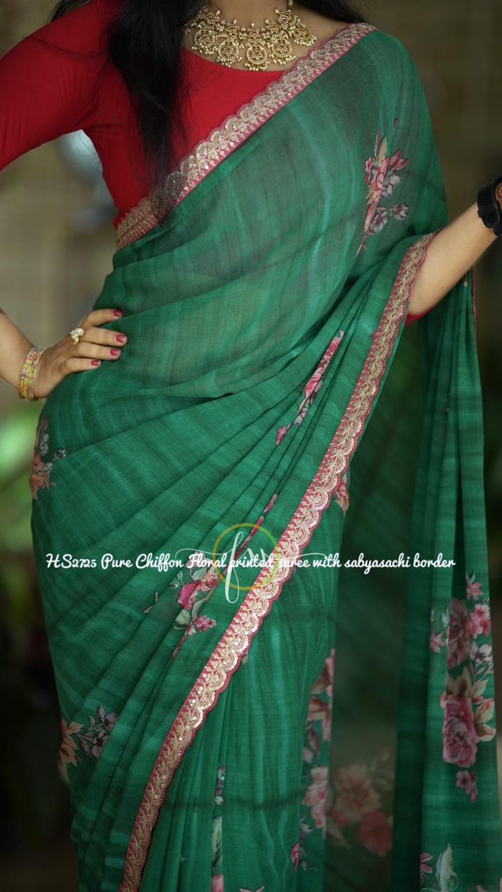 Elegant Floral Print Chiffon Saree