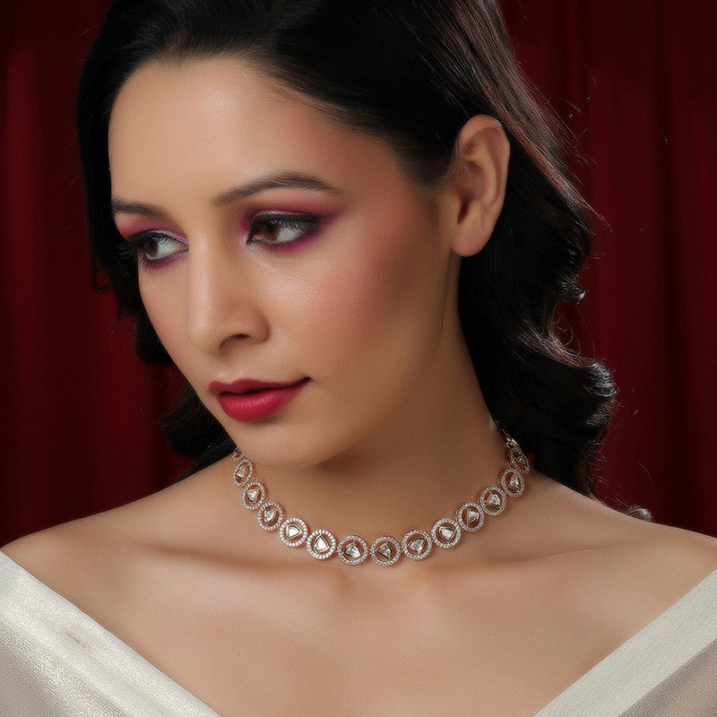 Elegant Patti Shaped Design Kundan And Round Diamond Silver Necklace