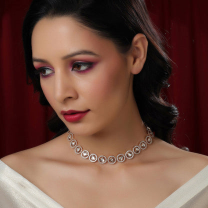 Elegant Patti Shaped Design Kundan And Round Diamond Silver Necklace