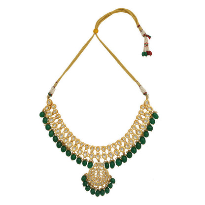 Emerald Beaded Dark Green and Golden Kundan Necklace Set With Earrings