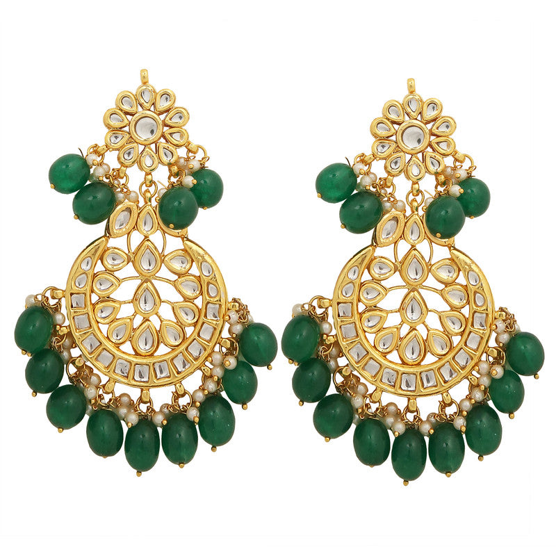 Emerald Beaded Dark Green and Golden Kundan Necklace Set With Earrings