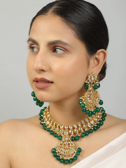 Emerald Beaded Dark Green and Golden Kundan Necklace Set With Earrings