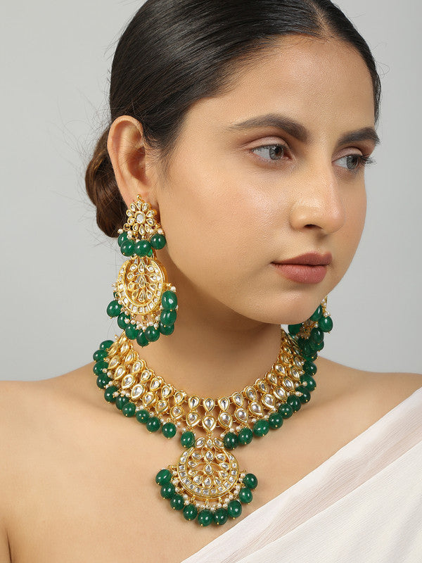Emerald Beaded Dark Green and Golden Kundan Necklace Set With Earrings