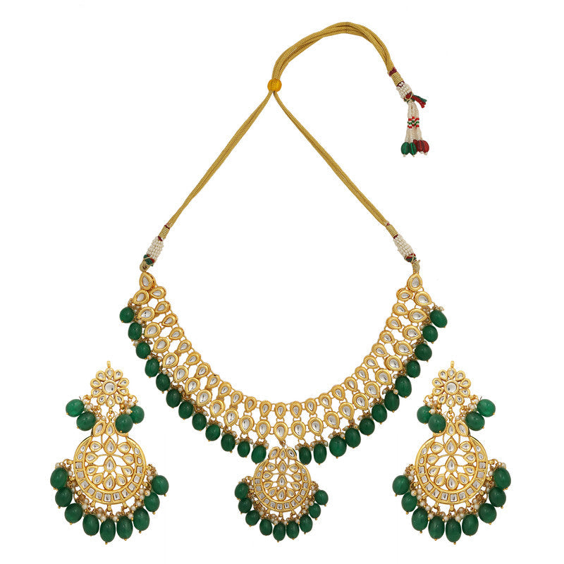 Emerald Beaded Dark Green and Golden Kundan Necklace Set With Earrings
