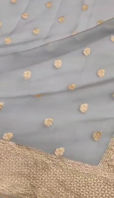 Exclusive Handloom Banarasi Chiffon Khaddi Georgette Saree with Golden Zari Work