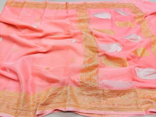 Exclusive Handloom Banarasi Chiffon Saree in Peach